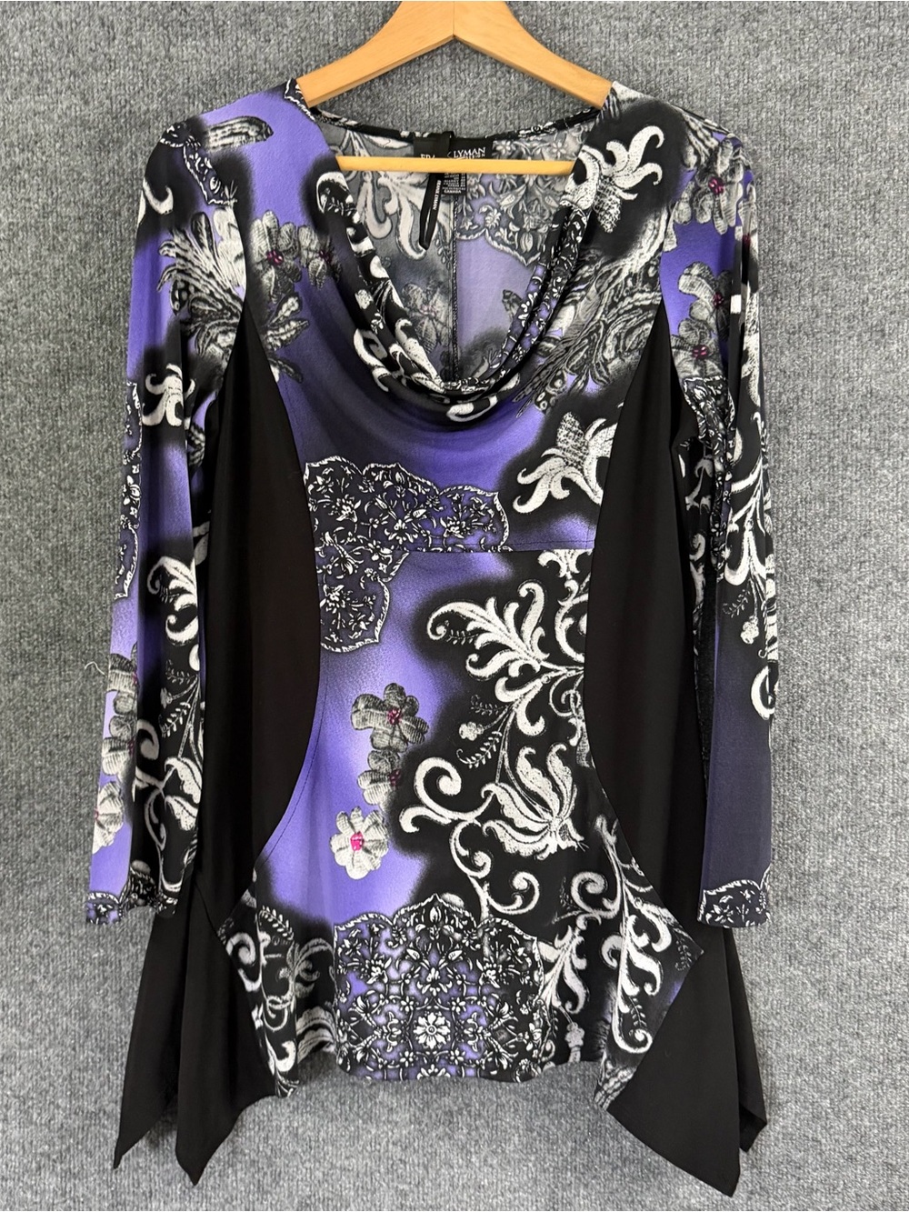 Frank Lyman Womens Floral Paisley Tunic Top Size 12 Black Purple Cowl Neck Artsy